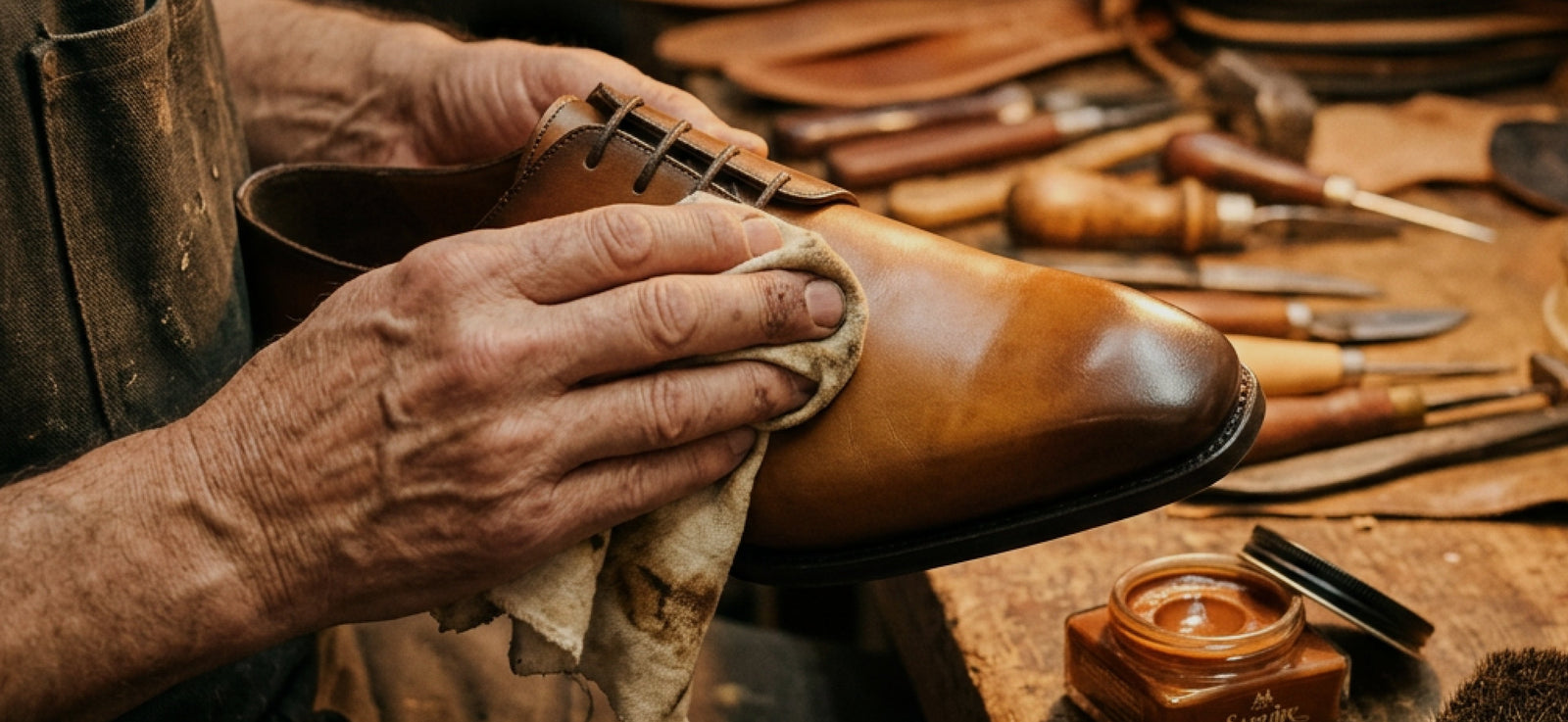 A shoemaker hand-burnishing a tan leather dress shoe with a cloth at a workbench, surrounded by hand tools and a jar of shoe cream