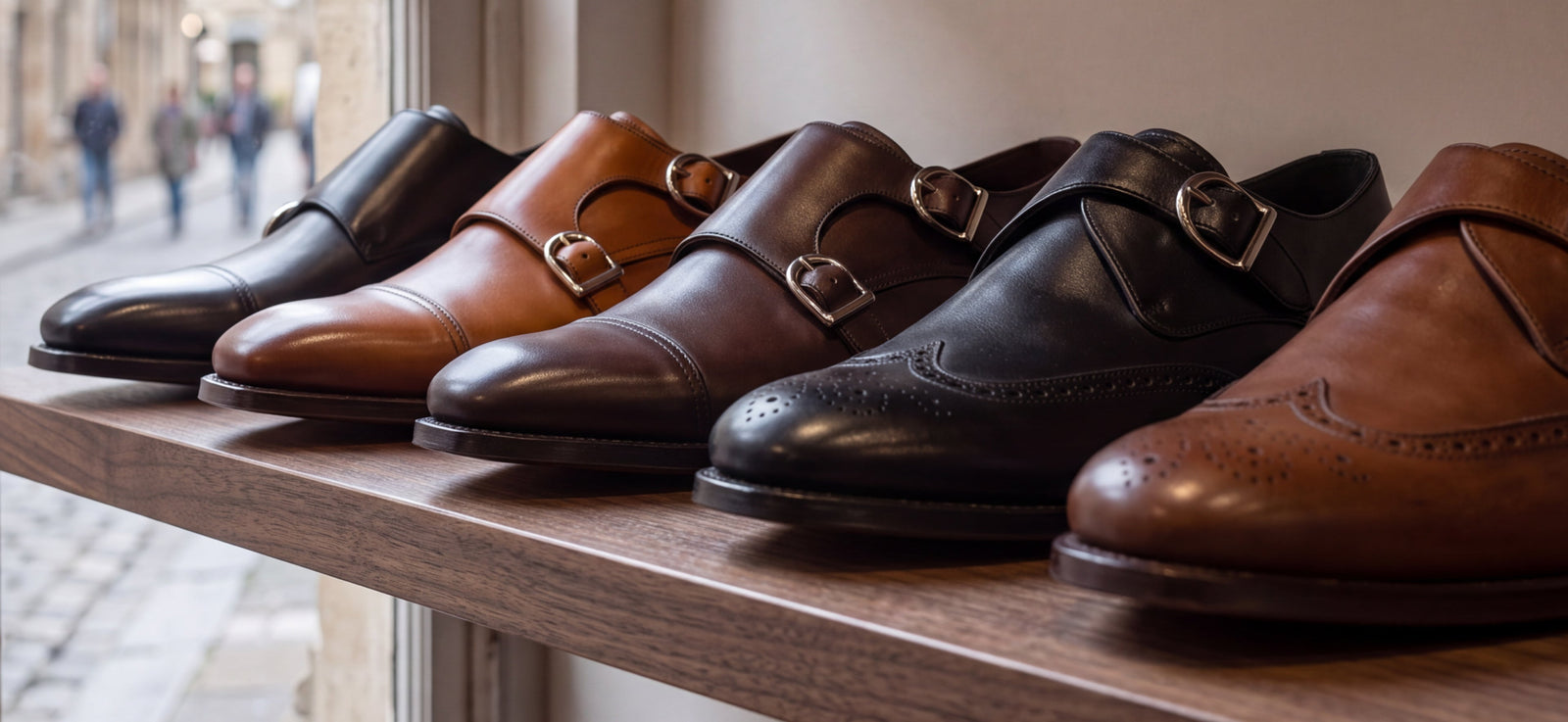 Five monk strap shoes lined up on a wooden shop shelf, single and double straps in black, brown and tan, with cap toe and wingtip brogue styles