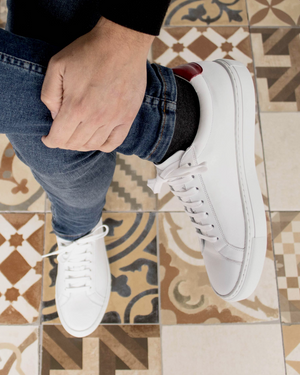 White Low Kick Sneaker Red Heel Tab