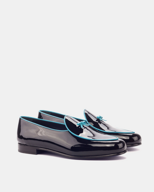 Black Patent Belgian Loafer - Cobalt Trim