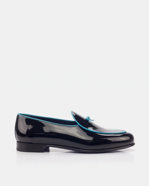 Black Patent Belgian Loafer - Cobalt Trim