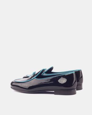 Black Patent Belgian Loafer - Cobalt Trim