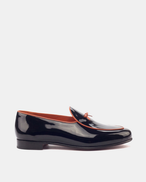 Black Patent Belgian Loafer - Orange Trim