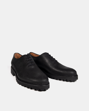 Black Waxed Suede Wholecut Oxford Shoe