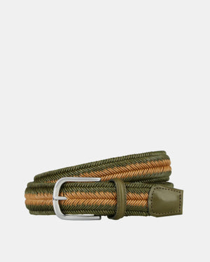 Braided Leather Stretch Belt - Olive + Natural
