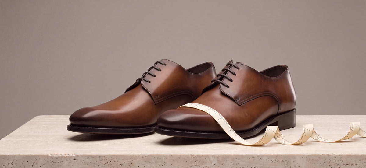 Brown derby dress shoes with a tape measure across the toe, measuring for a wide-fit shoe