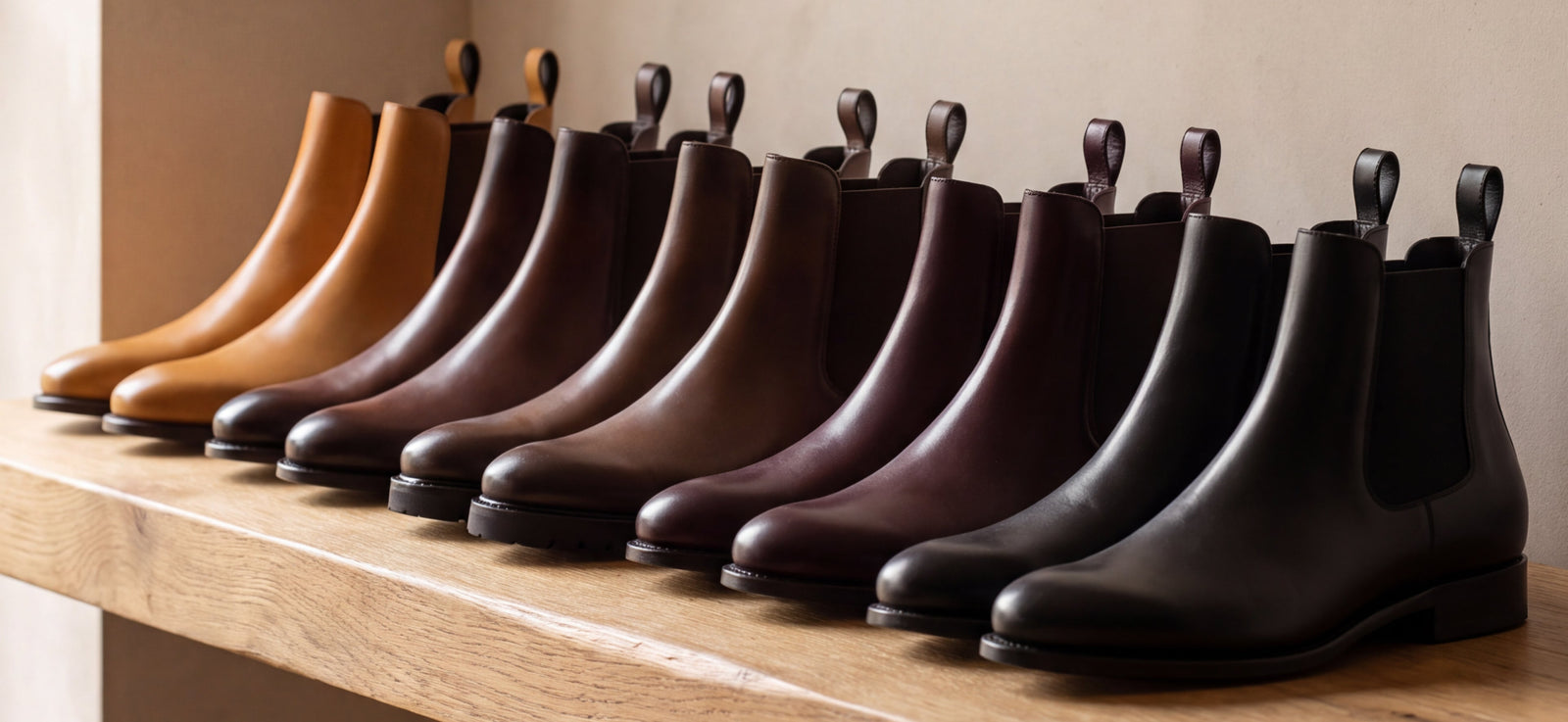 A row of men's leather Chelsea boots on an oak shelf, from tan through brown and oxblood to black, showing the elastic side panel and pull tab that define the style.