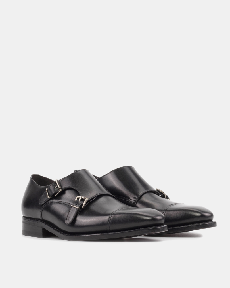 Men's Black Leather Double Monk Strap Dress Shoes