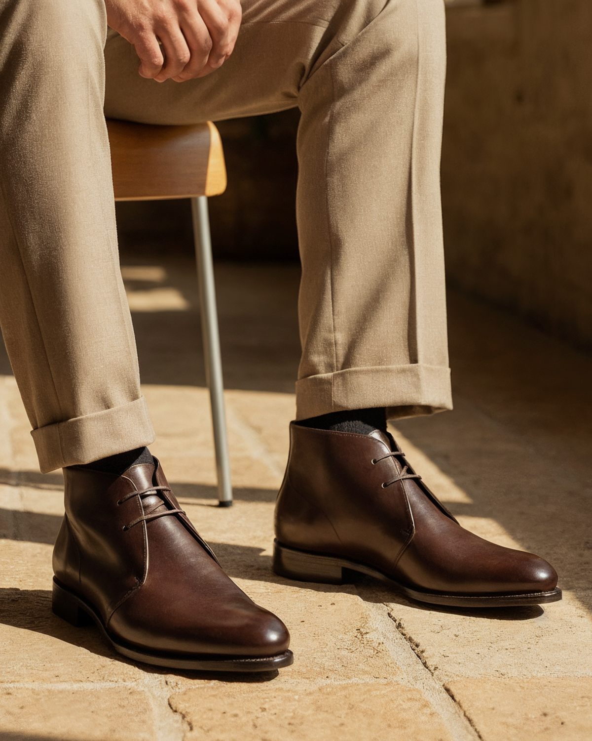 Men's Dark Brown Leather Chukka Boots with Half-Rubber Soles
