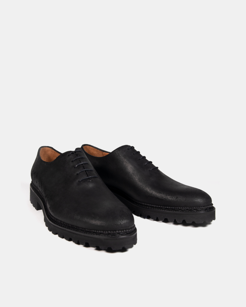 [SALE] - Black Waxed Suede Wholecut Oxford Shoe