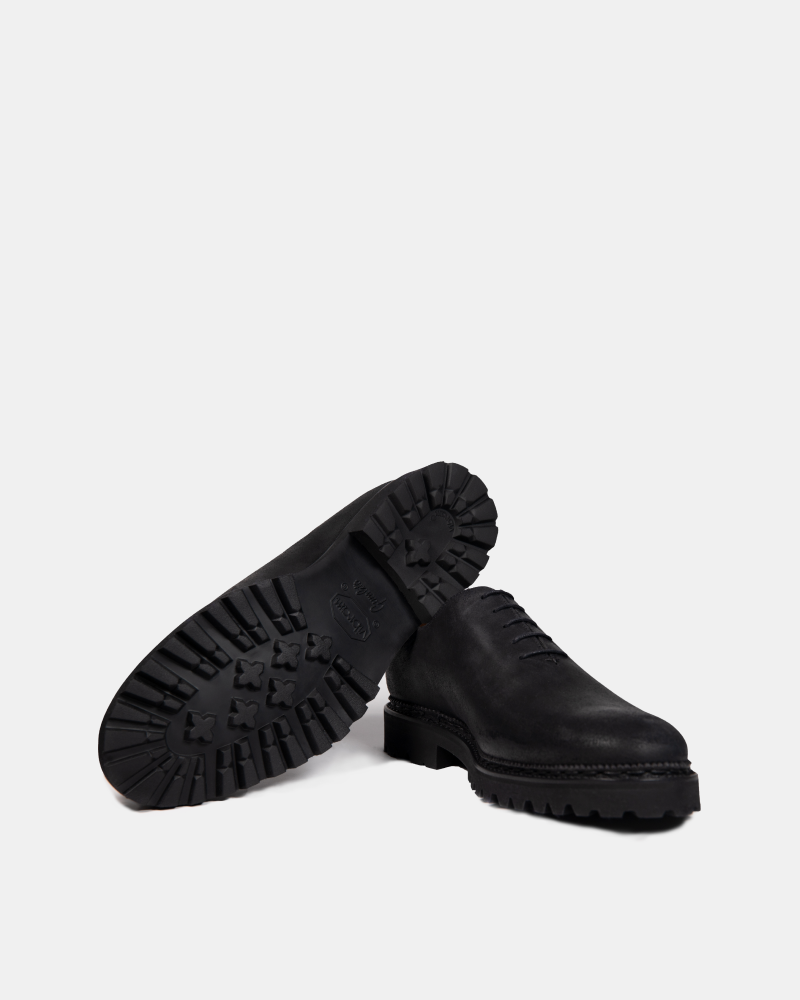 [SALE] - Black Waxed Suede Wholecut Oxford Shoe