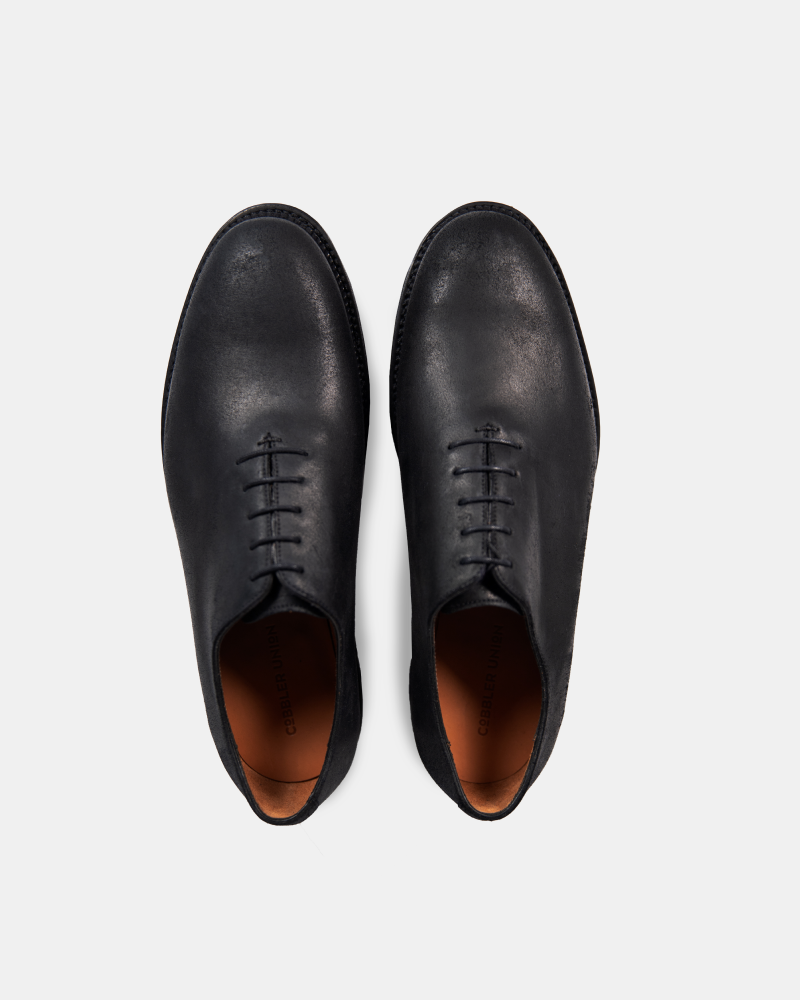 [SALE] - Black Waxed Suede Wholecut Oxford Shoe