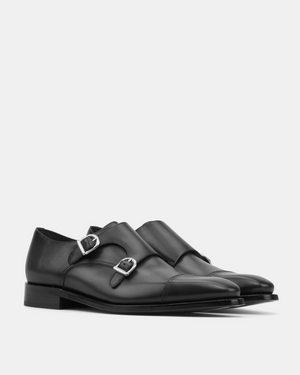 Francis Black Calf Double Monk Strap with Half-Rubber Soles - 722