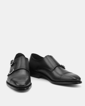 Francis Black Calf Double Monk Strap with Half-Rubber Soles - 722