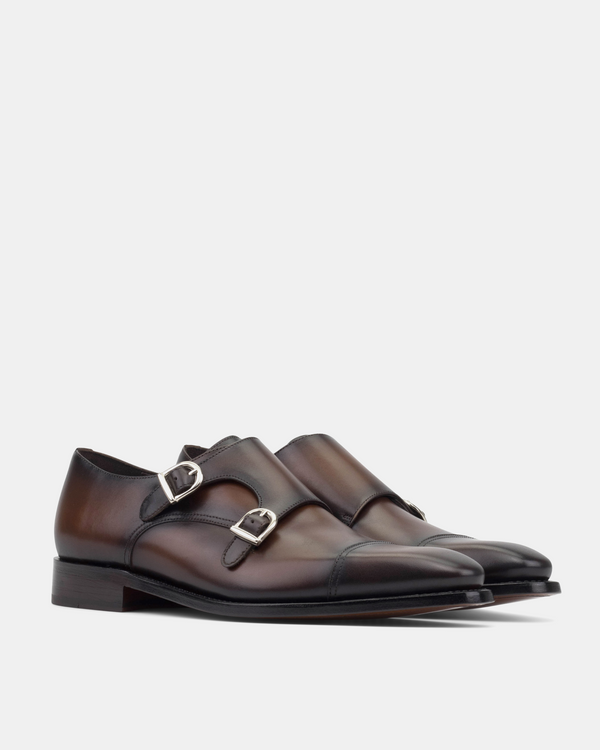 Men's Brown Leather Double Monk Strap Dress Shoes | Francis 722