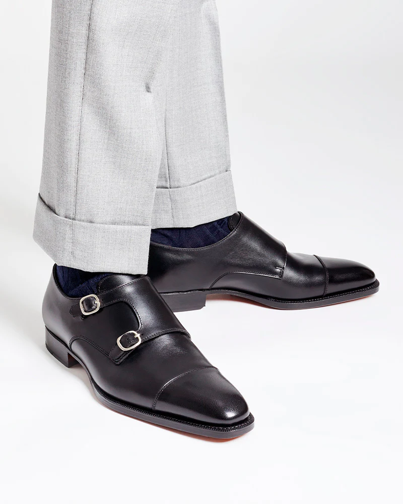 Black Double Monk Strap Dress Shoe with Rubber Half Soles - Louvre