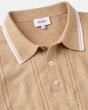 Italian Cashmere White Tipped Cable Knit Polo in Arizona Tan