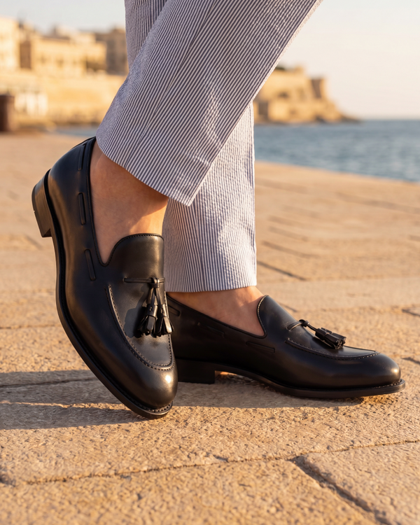 Men's Black Leather Tassel Loafers | Thomas 675