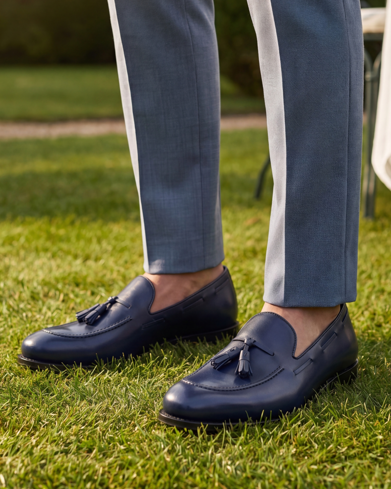 Men's Navy Blue Leather Tassel Loafers | Thomas 675