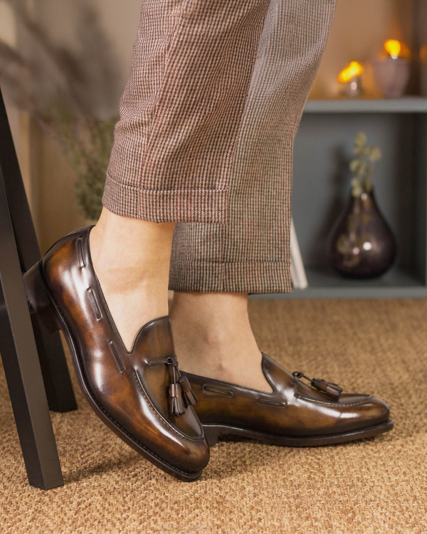 Men's Tobacco Leather Tassel Loafers | Thomas 675
