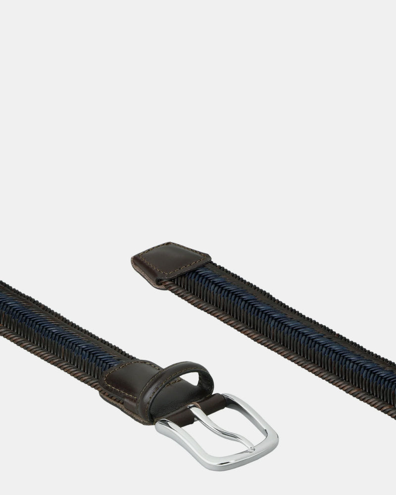 Braided Leather Stretch Belt - Dark Brown + Blue