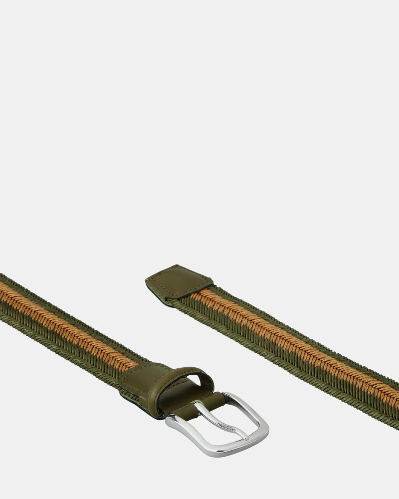 Braided Leather Stretch Belt - Olive + Natural