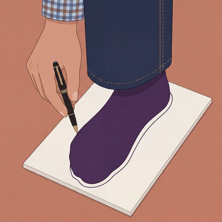 A foot in socks resting on a sheet of paper while a pen traces its outline.