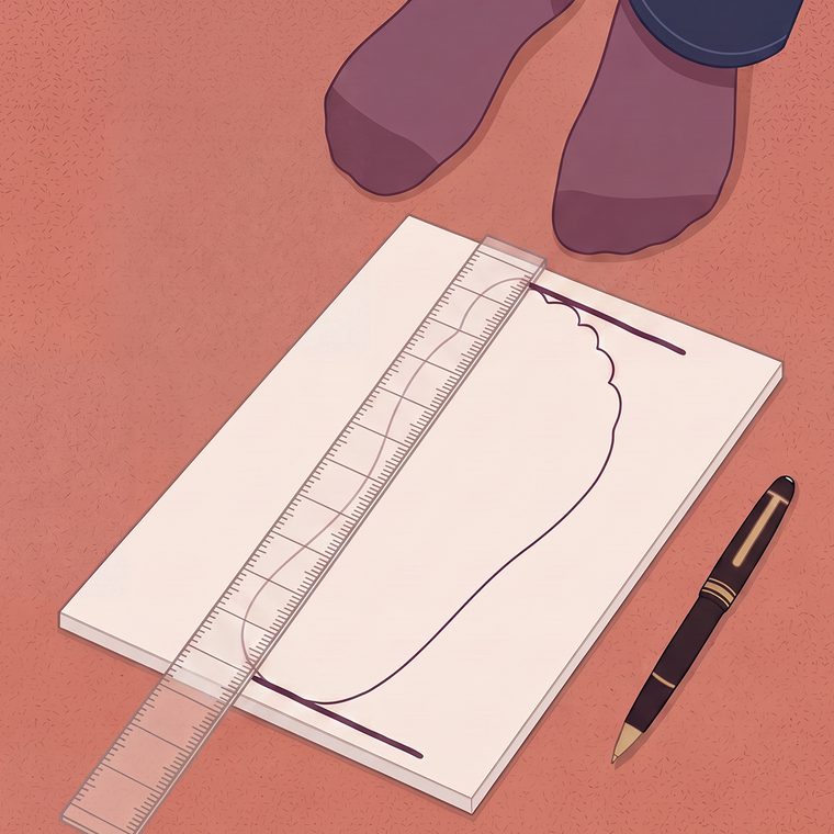The traced outline with two horizontal lines marking heel and toe, and a ruler measuring between them.